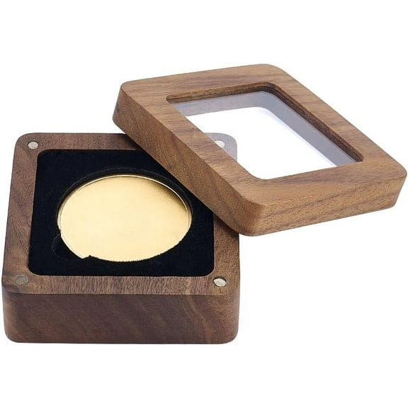1pcs Single Wood Challenge Coin Display Box 1.8"(45mm) Commemorative Coin Holders with Clear Top Natural Walnut Medal Display Case Jewelry Storage Gift for Collectors