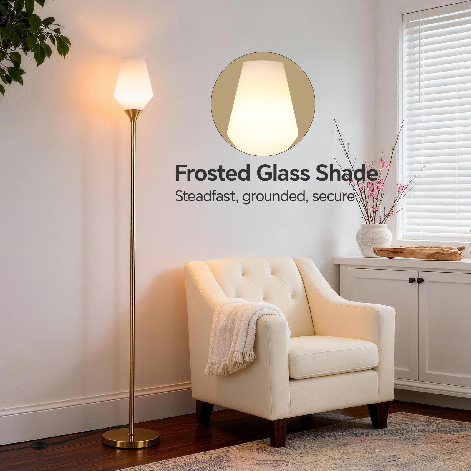 SUNMORY Torchiere Gold Floor Lamp, 69" Standing Lamps for Living Room 3 Color Dimmable Tall Lamp, LED Super Bright Standing Lamp with Frosted Glass Lampshade