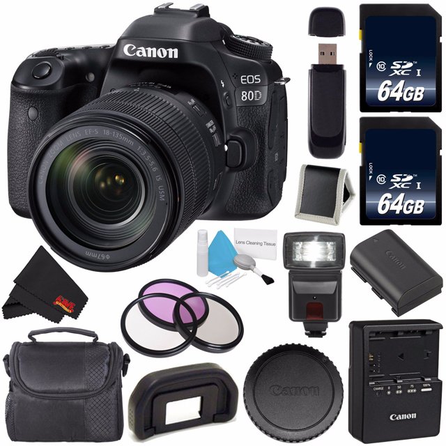 Canon EOS 80D DSLR Camera with 18-135mm Lens 1263C006 (International Version) + 64GB SDXC Class 10 Memory Card + External Flash + Carrying Case + SD Card USB Reader + Memory Card Wallet Bundle