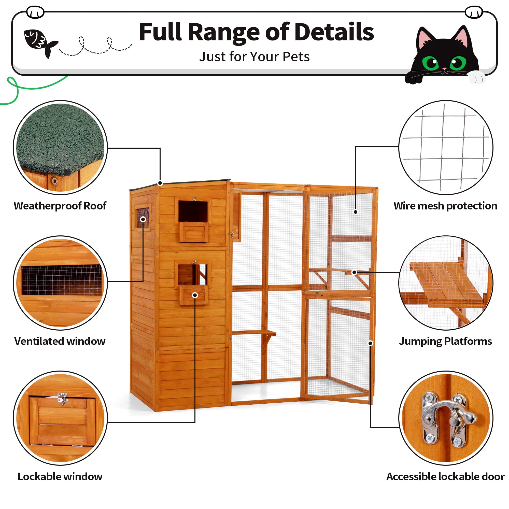 COZIWOW Wood  Cat House Catio Outdoor Enclosure, 2 Resting Condos, 2 Platforms, 4-Tier Cat Play Cage, Orange