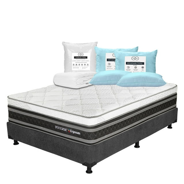 Colchón Queen Size Ergosum Restonic + Box + 2 Almohadas Trinity + Protector de Colchón Trinity