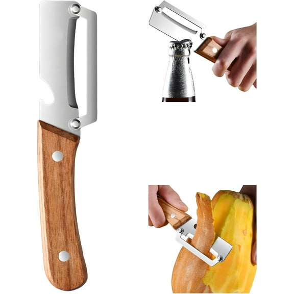 Multifunctional kitchen vegetable peeler, stainless steel multifunctional kitchen fruit and vegetable peeler with wooden handle and bottle opener, extra-sharp and powerful blade.