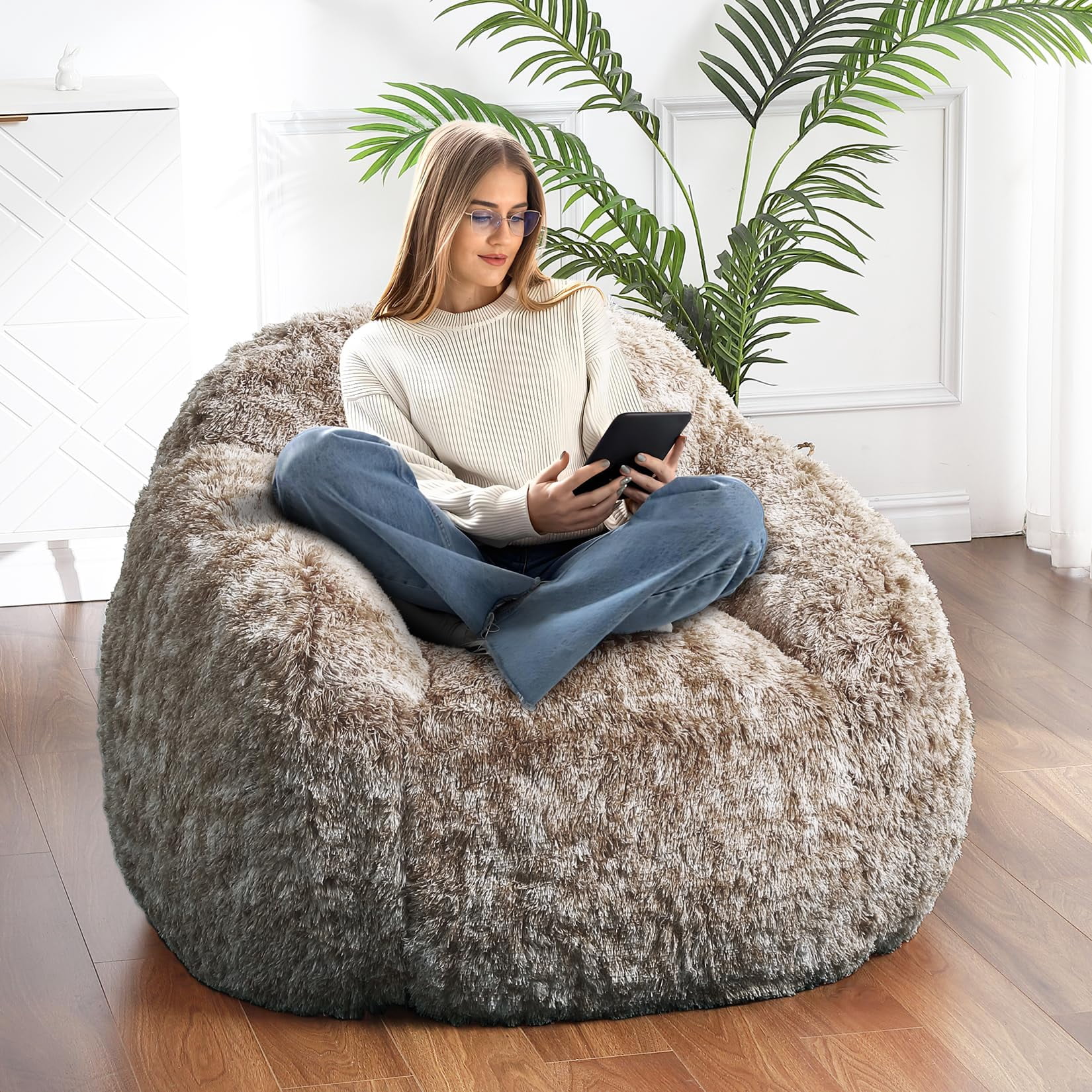 Kojooin Bean Bag Chair, Faux Fur Bean Bag Chairs for Adults, Kids Bean Bag Couch with Armrest, Soft Foam Filled Fluffy Couch Lazy Sofa Chair for Reading Gaming