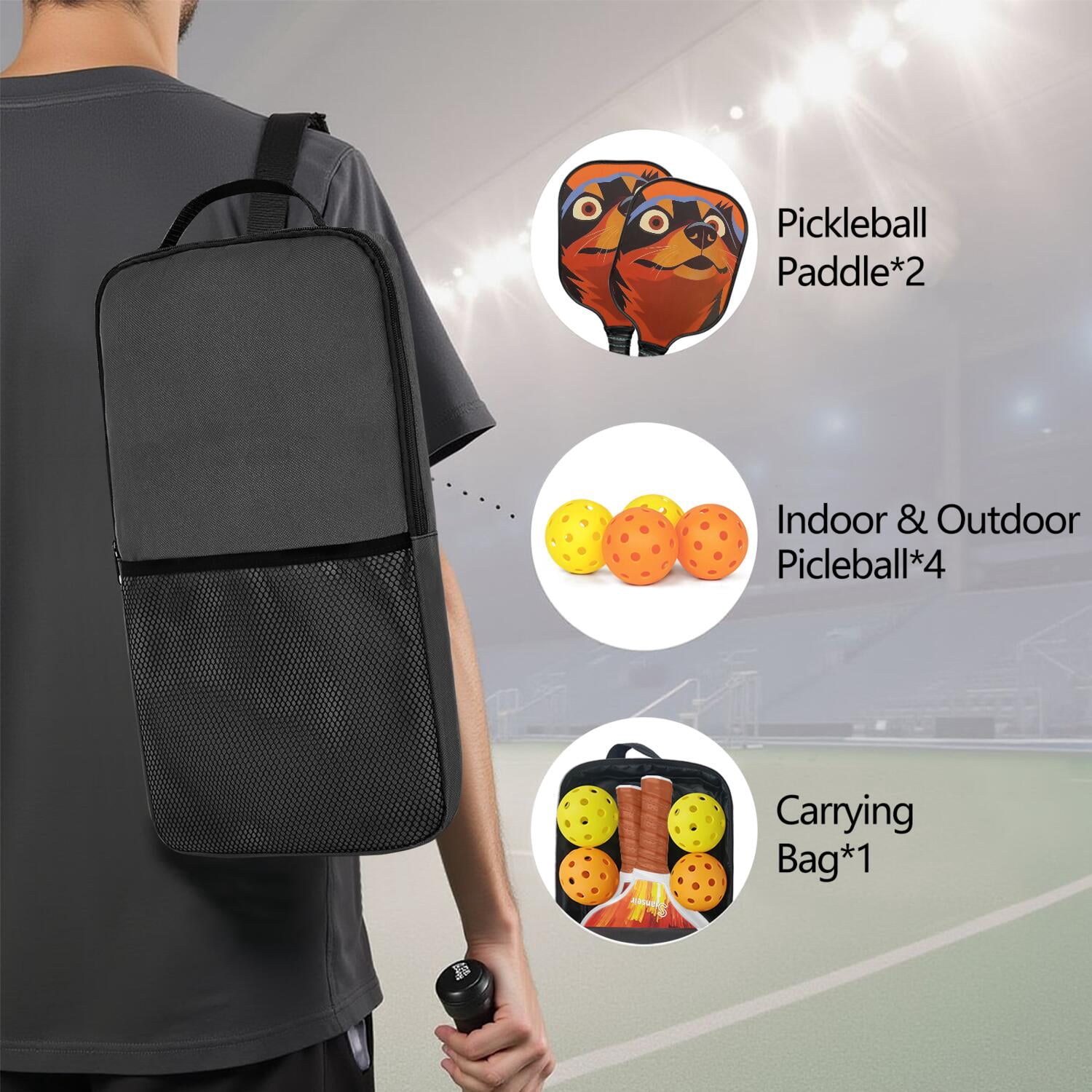 Pickleball Paddles Set Of 2, Fiberglass Surface, Astonished Dog Print, 4 Balls & Bag