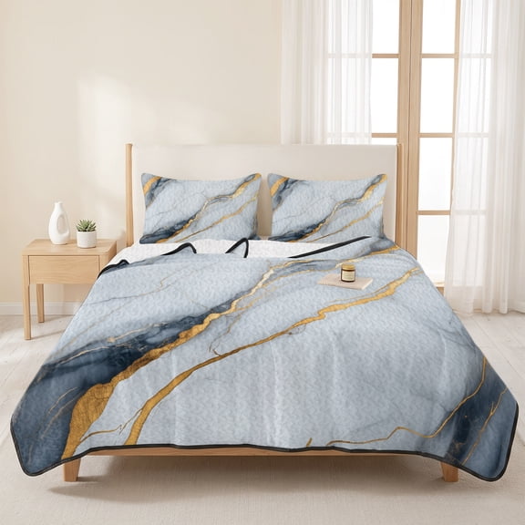 3 Pieces Queen Quilt Set,Gray Gradient Marble Abstract Gold Foil Soft Bedding Sets with 1 Quilt & 2 Pillow Shams,White Geometric Art Summer Bedspread Lightweight Coverlet Comforter for All Season
