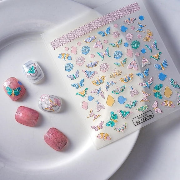 2 Sheets 5D Butterfly Nail Art Water Transfer Stickers Decals Emboss Flower for Nail Art Decorations Cornflower Blue 9.5x8cm Blue DIY