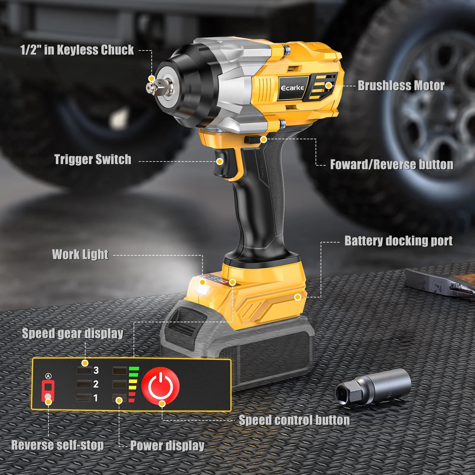 Cordless Impact Wrench 1000FT-LBS for Dewalt Battery, 1/2 inch Brushless Electric 1360N.m Impact Gun Includes LED Work Light, High Torque Impact Driver（No Battery）