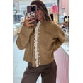 thumbnail image 3 of Women's Simply Taupe Frilled Lace Trim Cardigan – Casual Sweater for Daily Wear | XL, 3 of 5