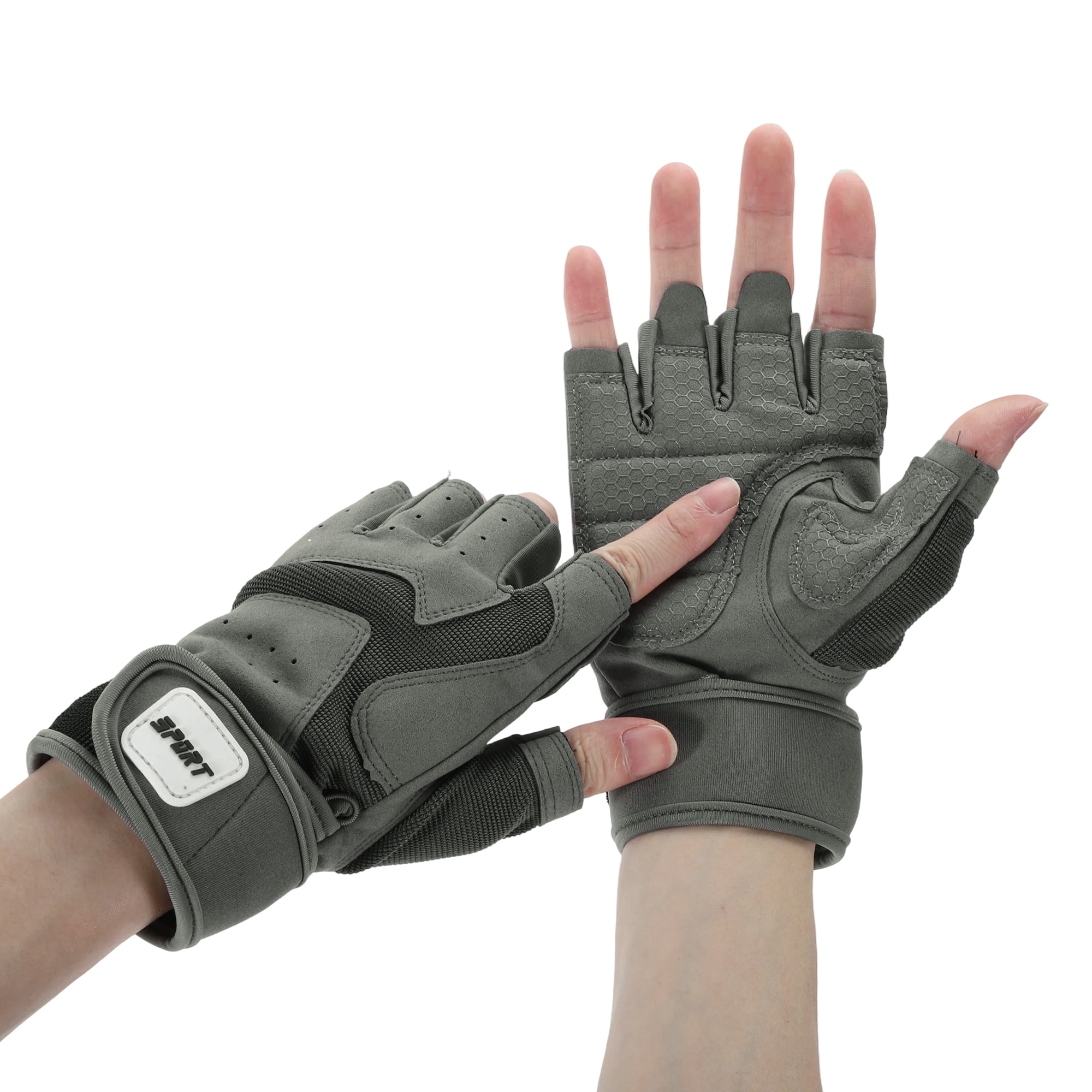 Unique Bargains Extended Wristband Half-finger Strength Training Sport Gloves Medium Gray