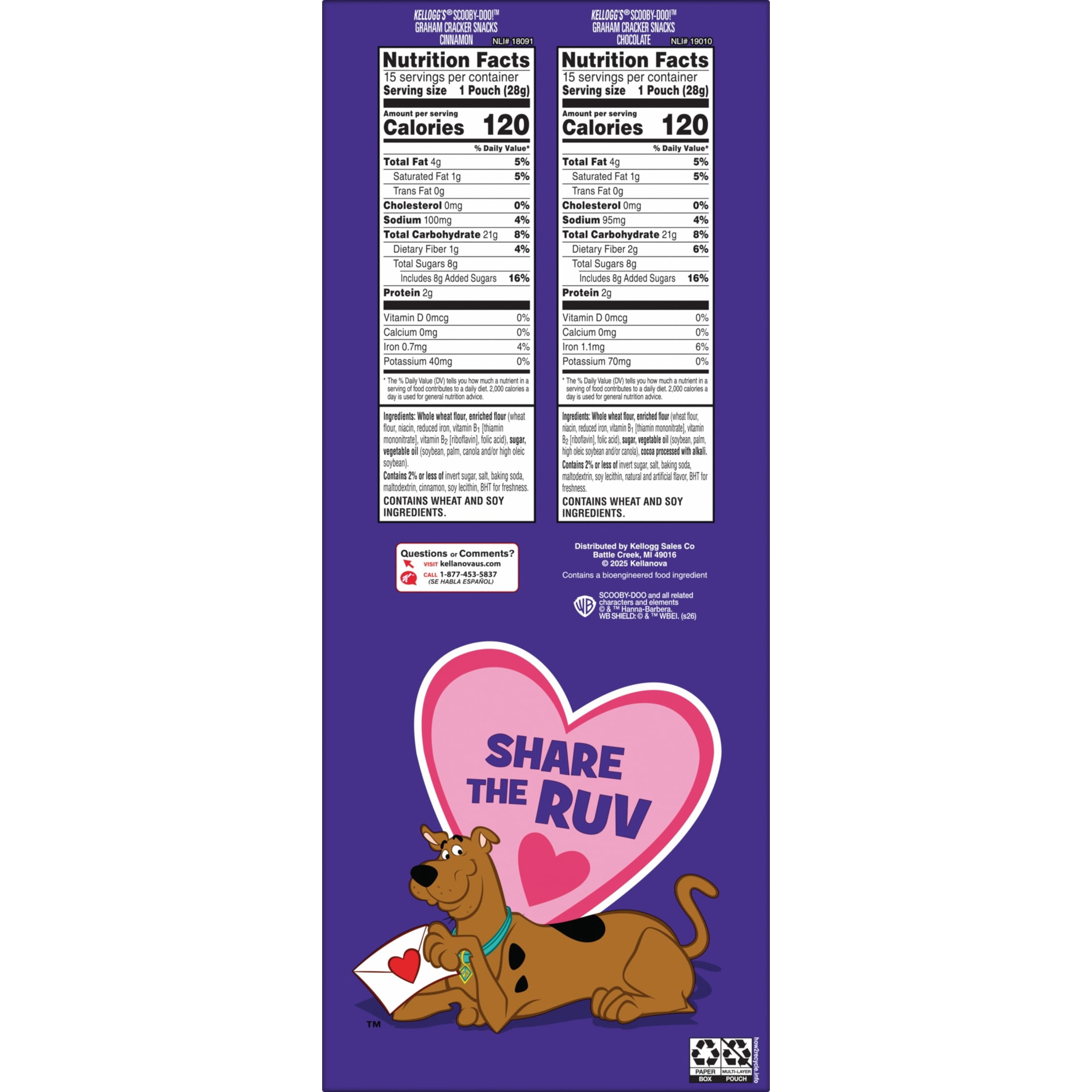 Kellogg's SCOOBY-DOO! Variety Pack Baked Graham Cracker Snacks, Valentine's Day, 30 Count