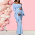 thumbnail image 2 of QIUOMBBP Pregnant Women's Solid Color Flared Sleeve One Shoulder Maternity Evening Dress Slim Hip Pack Split Maternity Dress Blue S, 2 of 9