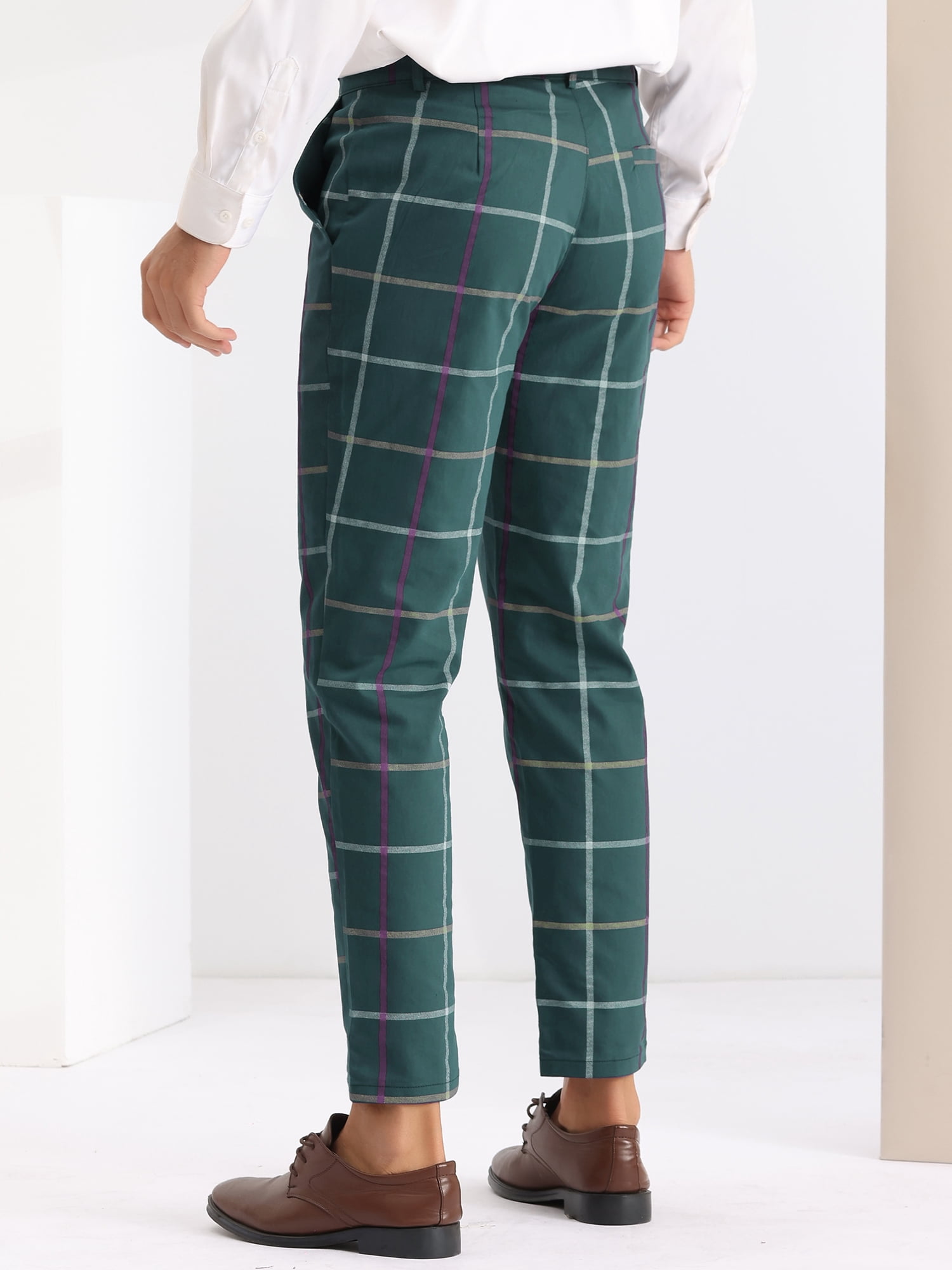 Unique Bargains Men's Plaid Tapered Pants Zipper Flat Front Formal Dress Pants 28 Green