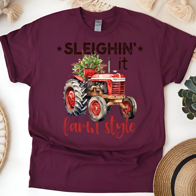 Sleighin’ It Farm Style Shirt | Red Tractor Country Christmas Tee, Maroon, Size M