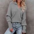 thumbnail image 4 of Suéter de punto con solapa para mujer con dobladillo suelto, jersey de manga larga con cuello en V para otoño e invierno, gris XL, 4 of 7