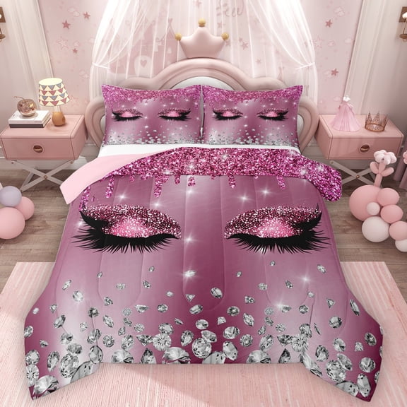 Homewish Girly Elegant Eyelash Bedding Comforter Set 2pcs for Female Men Adults,Bling Glitter Twin Comforter Sets Microfiber,Sparkling Crystal Breathable Bedding Set,Breathable Home Decor,Reversible