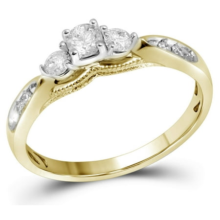 3 Stone Diamond Band Size - 7 - Solid 10k Yellow Gold Round White Diamond Engagement Ring OR Fashion Band Prong Set 3 Stone Shaped Past, Present and Future Ring (.38 cttw) ()