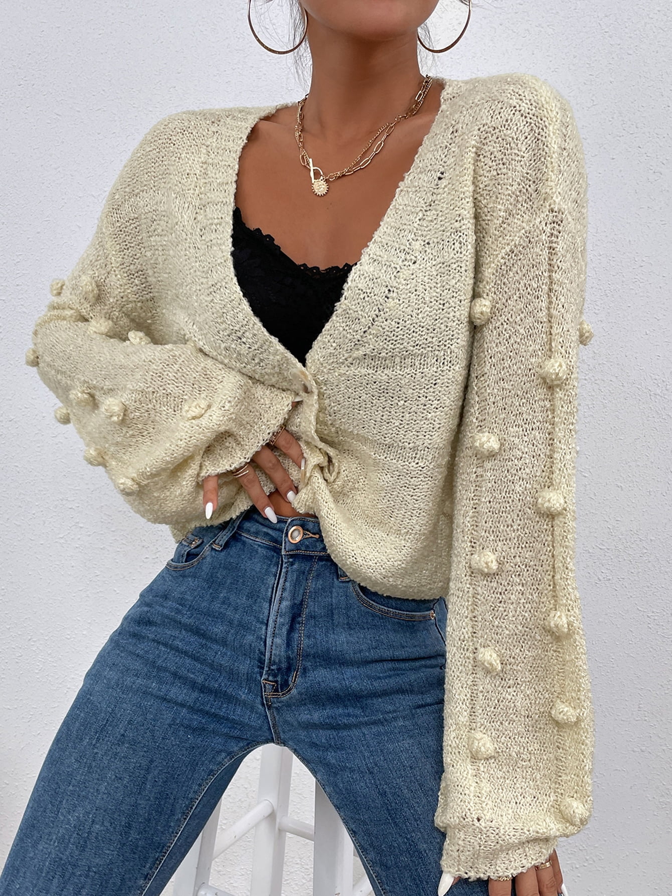 Apricot Popcorn Knit Drop Shoulder 