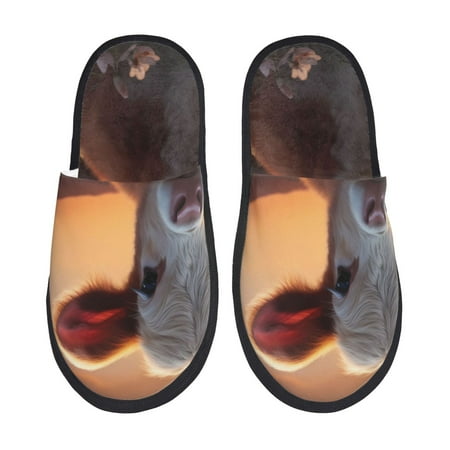 

Qekee Sunset Calf Flower Field print Slippers for Women and Men Fluffy Cute Cozy House Slipper Funny Furry Bedroom Slippers for Women Indoor -Large