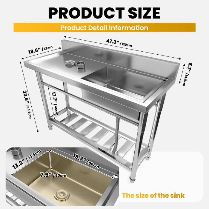 Single Bowl Stainless Steel Sink, with Solid Workbench, Sturdy 304 Steel, Heavy Duty Utility Sink, Bar Sink, for Outdoor Kitchen, Farmhouse Setting, Restaurant Prepx