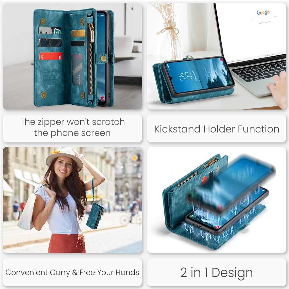 CaseMe Leather Case for Samsung Galaxy A17,2 in 1 Detachable Wallet Case with 8-Card Holder Zipper Bills Slot,Magnetic Shockproof Flip Leather Cover Zipper Pocket Phone Cases,Blue,For Galaxy A17