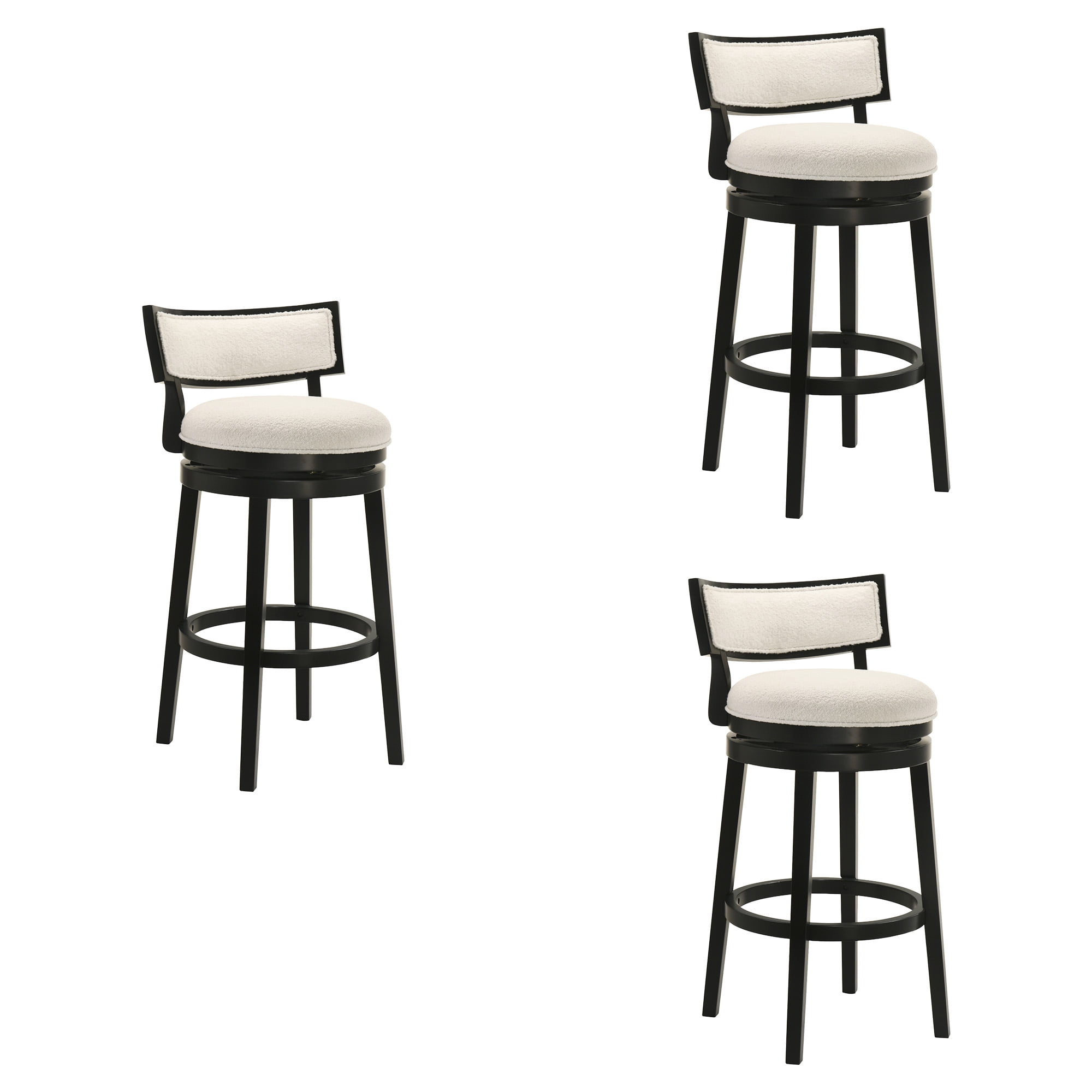 Noely Modern Farmhouse Swivel Wood Bar Height Kitchen Bar Stool in Black Finish with White Boucle Fabric Upholstered Seat - Set of 3