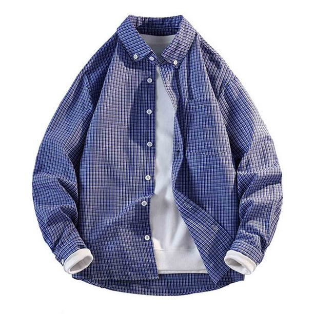 Blusa y camisa de manga larga con cuello vuelto para hombre, blusa informal a cuadros a la moda con botones y cuello vuelto, blusa de poliéster para hombre