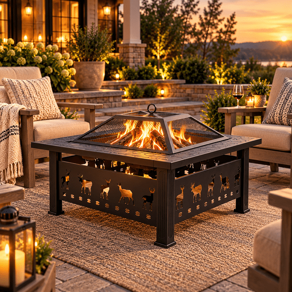 32’’ Square Fire Pit for Outdoor, Heavy-Duty Wood Burning Firepit Table with Screen Lid, Fire Poker and Elk Cutout Panels for Patio, Backyard and Garden