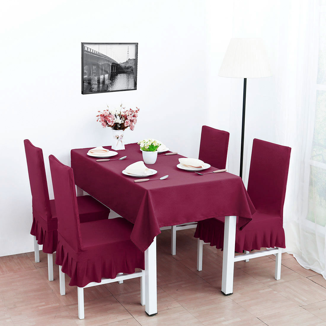 Unique Bargains Ruffled Skirt Dining Chair Cover Ruffled Seat Slipcovers Burgundy M