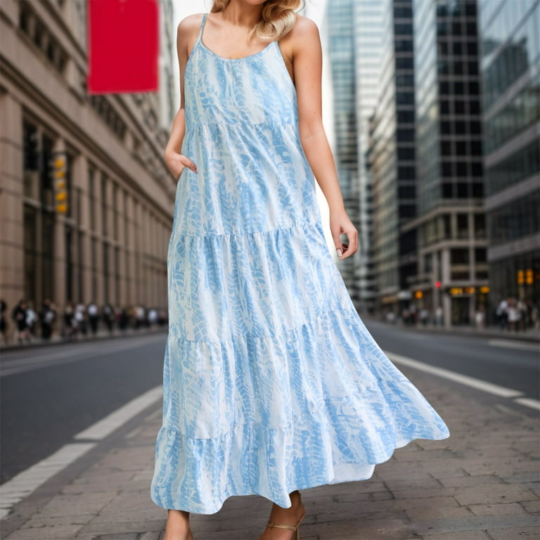 Fsqjgq Womens Summer Dresses Tennis Dress Party Dress Summer Outfits for  Women Spaghetti Strap Scoop Neck Floral Maxi Dress Flowy Boho Long with  Pockets Boho Vacation Dresses Flowy Tiered Beach V M -