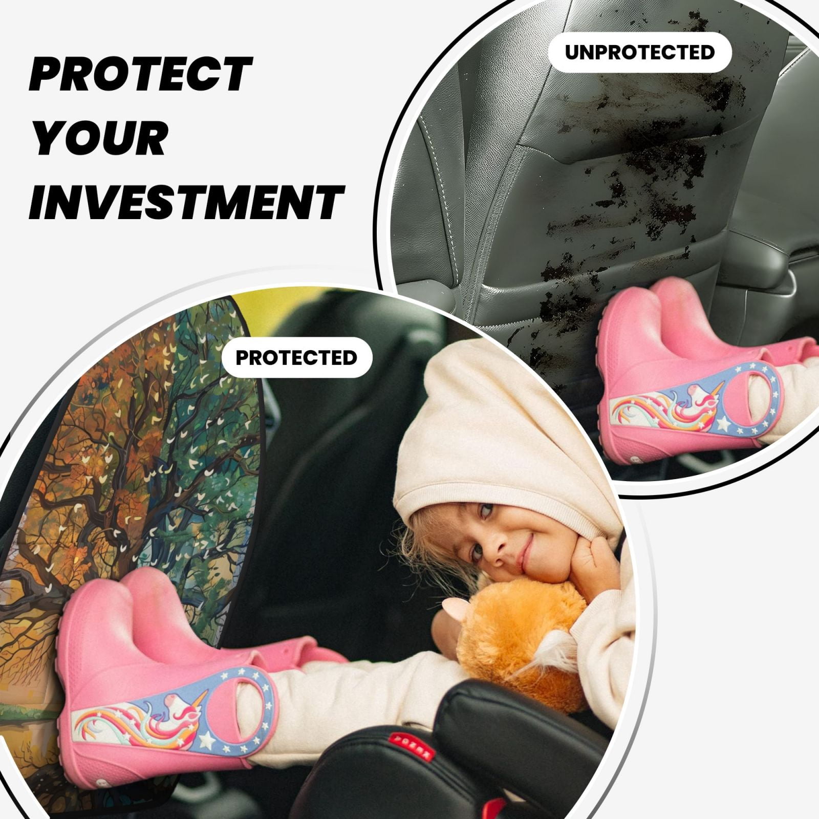 Xecao Seasonal Tree Reflection Pattern Car Seat Back Protector 2 Pack Large Capacity Pocket, Kick Mats Back Seat Protector