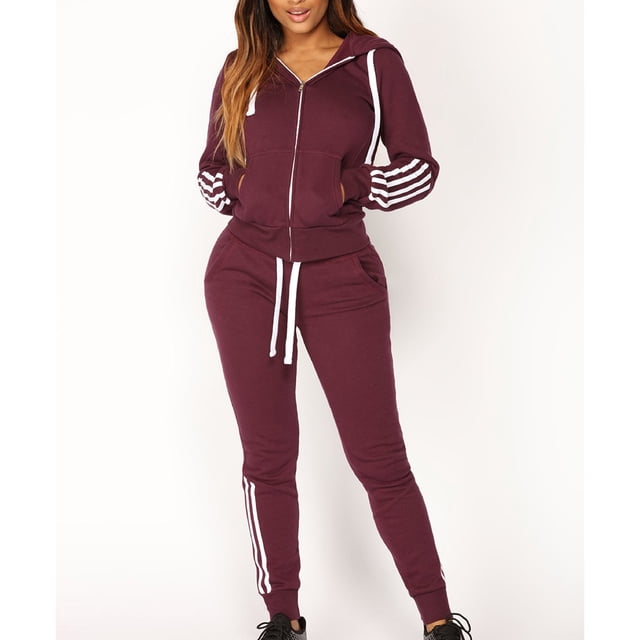 Ensemble Décontracté pour Femmes à Rayures avec Fermeture Éclair, Manches Longues, Chandail de Sport + Pantalon Long