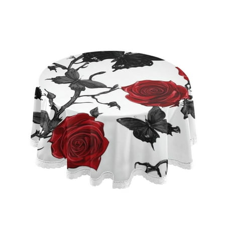 

60 Round Tablecloth with White Lace Trim Wrinkle & Heat-Resistant Table Cover for Dining and Home Decor Gothic Red Roses