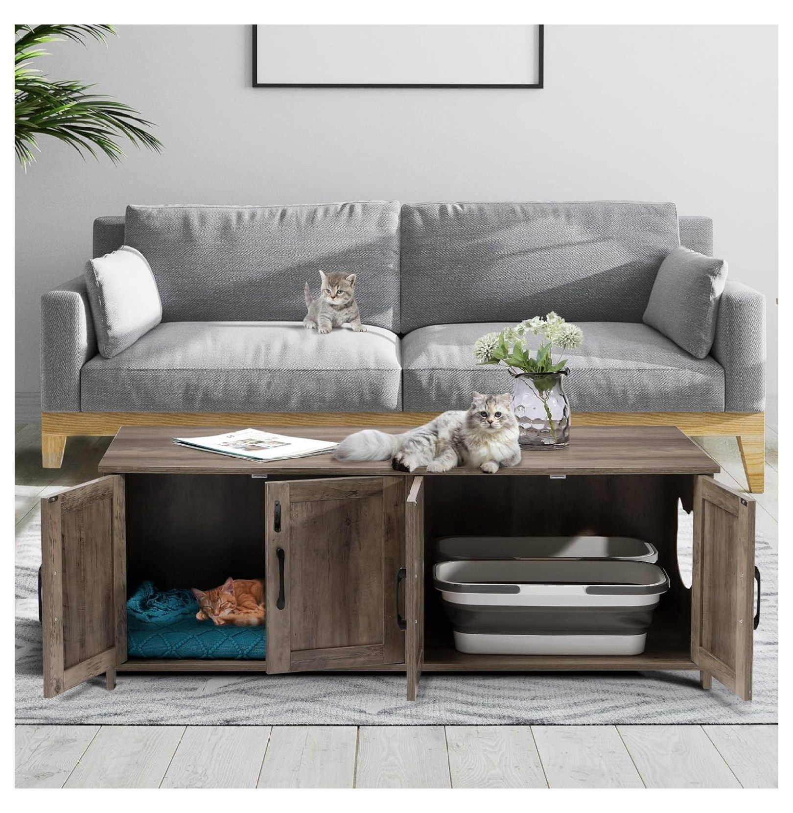 Cat Litter Box Enclosure for 2 Cats - Litter Box Furniture with Lockable Door,Wooden Cat Washroom Furniture with Double Room,Cat House,Hideaway Litter Box,Greige
