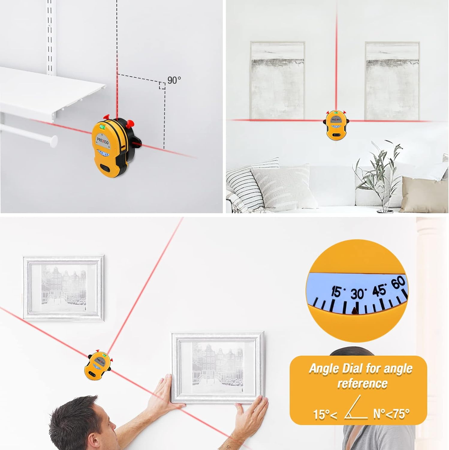 PREXISO Multi Surface Laser Level LED Light Vial, 30Ft Horizontal & Vertical Line Laser with Wall Mount Base, 2 Pins, 10 Sticker, 2 AA Batteries