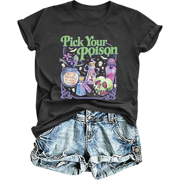 Halloween Shirts for Women Pick Your Poison Short Sleeve Shirt | Women Halloween T Shirt Vintage Witch Potion Bottles Shirts Spooky Season Graphic Tee, Casual Holiday Tops & Halloween Party