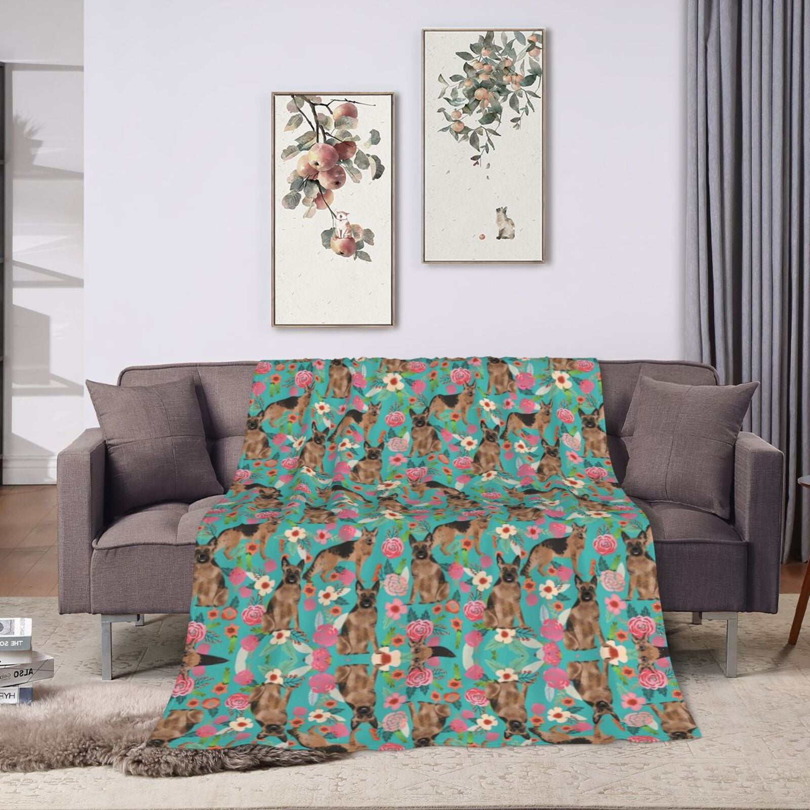 Wijzvio German Shepherd Dogs Lovers Flower Floral Throw Blanket Soft Fuzzy Fleece Blanket For Couch Bed Living Room Decoration 50"X40"