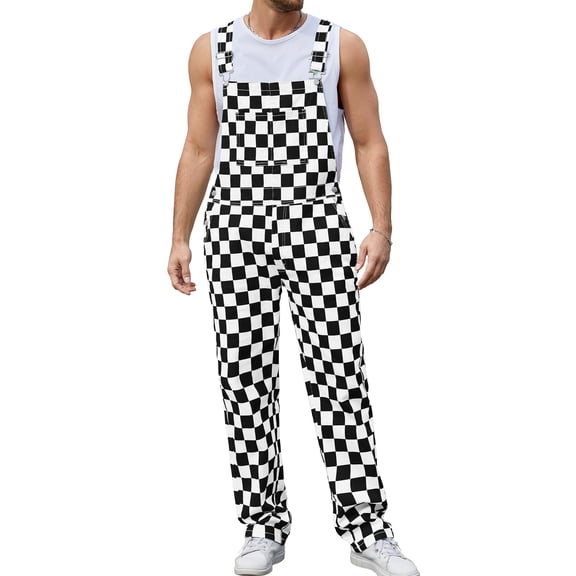 Overalls for Men Checkered Bibs Coveralls Work Jumpsuits Stretchy Romper(Black and White Checkered,L)