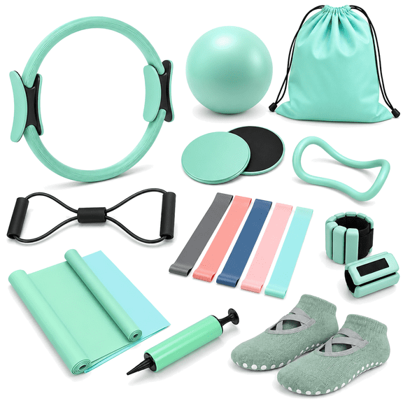 KISPATTI 17PCS Pilates Essentials Kit, Mint Green Home Pilates Kit for Women with 15" Pilates Ring and Ball, Ankle Weights, Resistance Bands, Pilates Socks Accessories for Home Workout