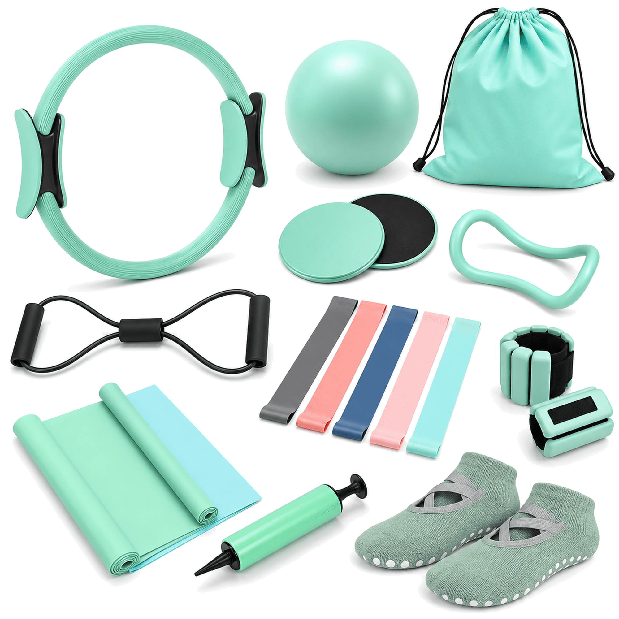 KISPATTI 17PCS Pilates Essentials Kit, Mint Green Home Pilates Kit for Women with 15" Pilates Ring and Ball, Ankle Weights, Resistance Bands, Pilates Socks Accessories for Home Workout