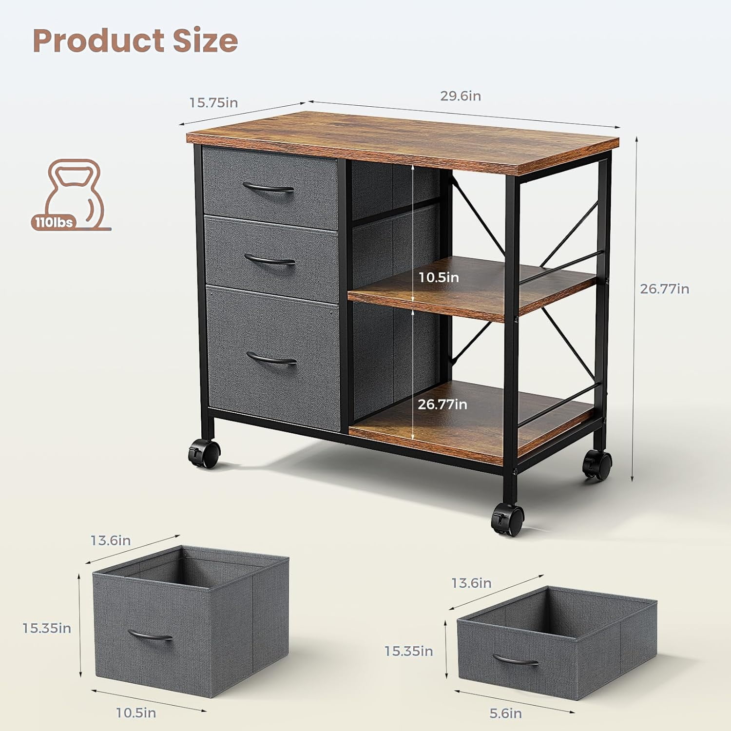 3-Tier Mobile File Cabinet, Rolling Printer Stand with Storage and Back Support Bar, 3 Drawer Lateral File Cabinet Holds 110lbs, for Home Office in Rustic Brown
