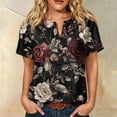 thumbnail image 2 of JULMCOMO Cotton Linen T Shirts for Women Floral Print Short Sleeve Casual Henley Shirts Baggy Comfy Summer Tops with Chest Pocket Black 3XL, 2 of 9