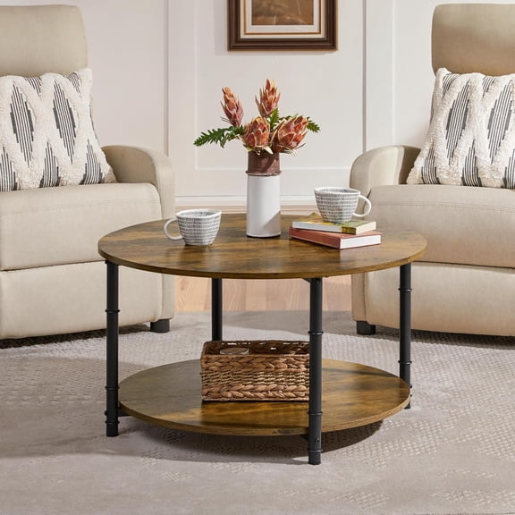 HJTERRound Coffee Table with Storage Shelf, 2 Tier Wood Coffee Table for Living Room Modern Accent Center Tables with Easy Assembly 31.5 x 18 Inches