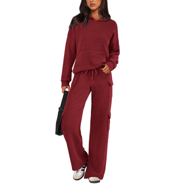 Conjunto Deportivo Mujer PRETTYGARDEN Sudadera con Capucha Pantalones Cargo Vino Rojo S