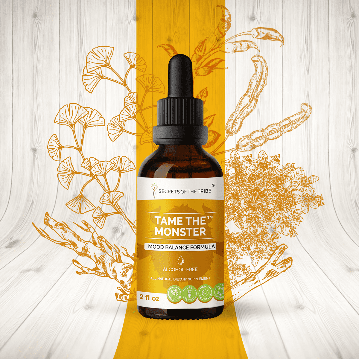 Tame the Monster Alcohol-FREE Extract, Tincture, Glycerite Ashwagandha,St. John's Wort , Eleuthero Siberian Ginseng, Ginkgo, Valerian, Mucuna. Mood Balance Formula 2 oz