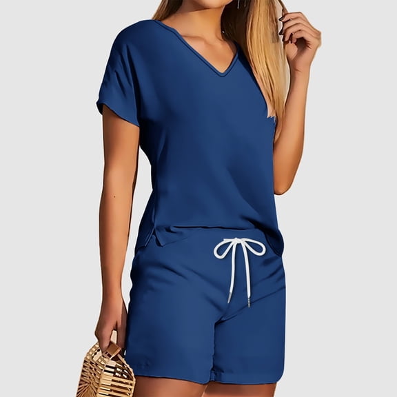 Viluyesy V-Neck T-Shirt and Shorts Set for Womens Solid Color Tops Elastic Waist Short Pants Shirt and Shorts Sets Two PC Blue Size S