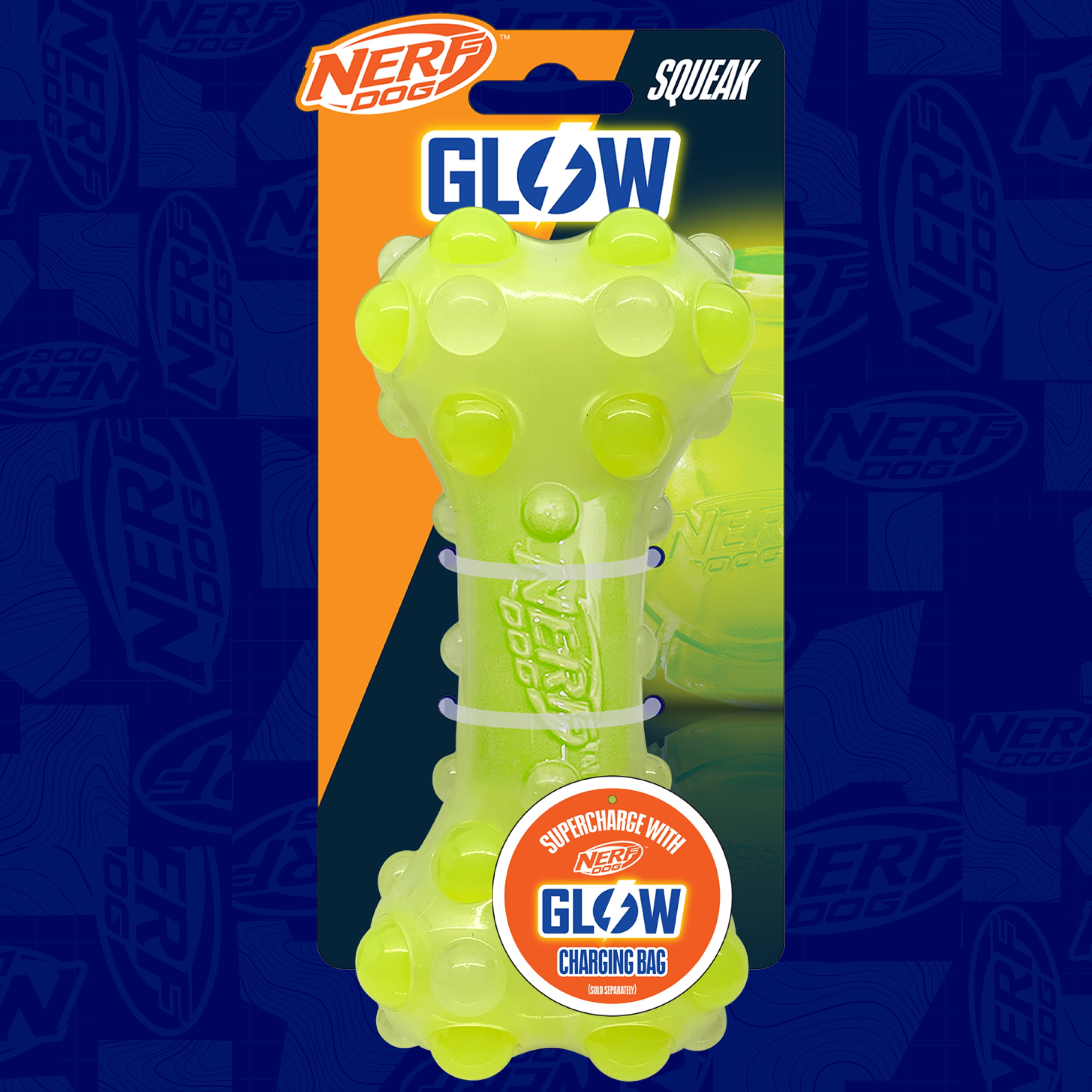 Nerf Dog TPR Squeak Glow Bubble Bone, 7 inch