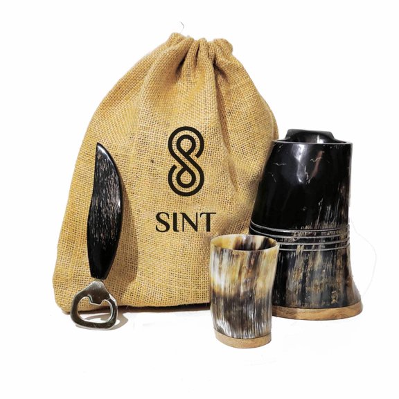 SISK Viking Horn Mug With Gift Bag - Food Grade Medieval Style Man's Beer & Mead Cup (The Ring- Polished)
