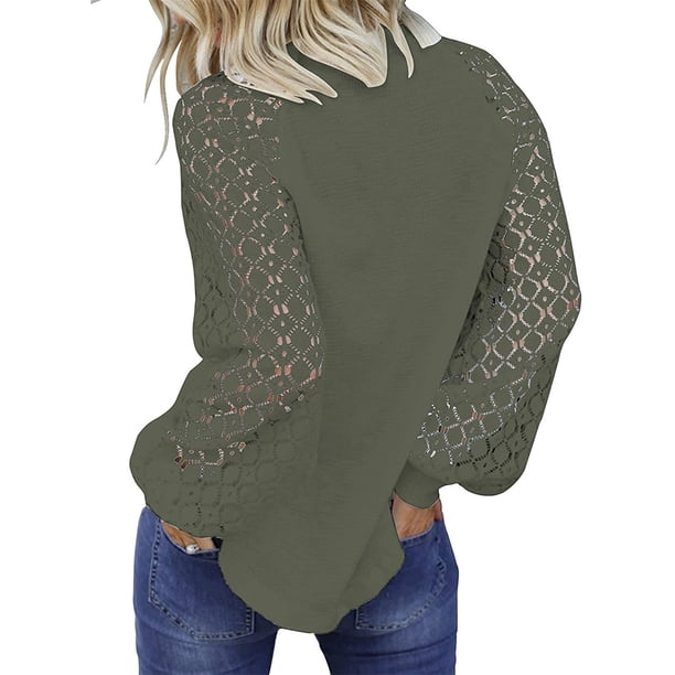 Sonducket Blusa de manga larga de encaje para mujer Camiseta de color sólido con cuello de encaje Prendas para la parte del cuerpo Verde S