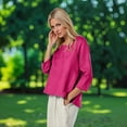 thumbnail image 4 of EchfiProm Hot Pink Tops for Women Fall Shirts Long Sleeve Crew Neck Cotton Linen Loose Blouse Solid Ladies, 4 of 8