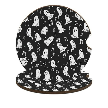 

ZHANGS Halloween Ghosts Musical Note Design-682 Car Coasters 2PCS Absorbent Car Drink Coasters with Fingertip Grip for Cup Holders Universal Size Auto Accessories for Women/Men